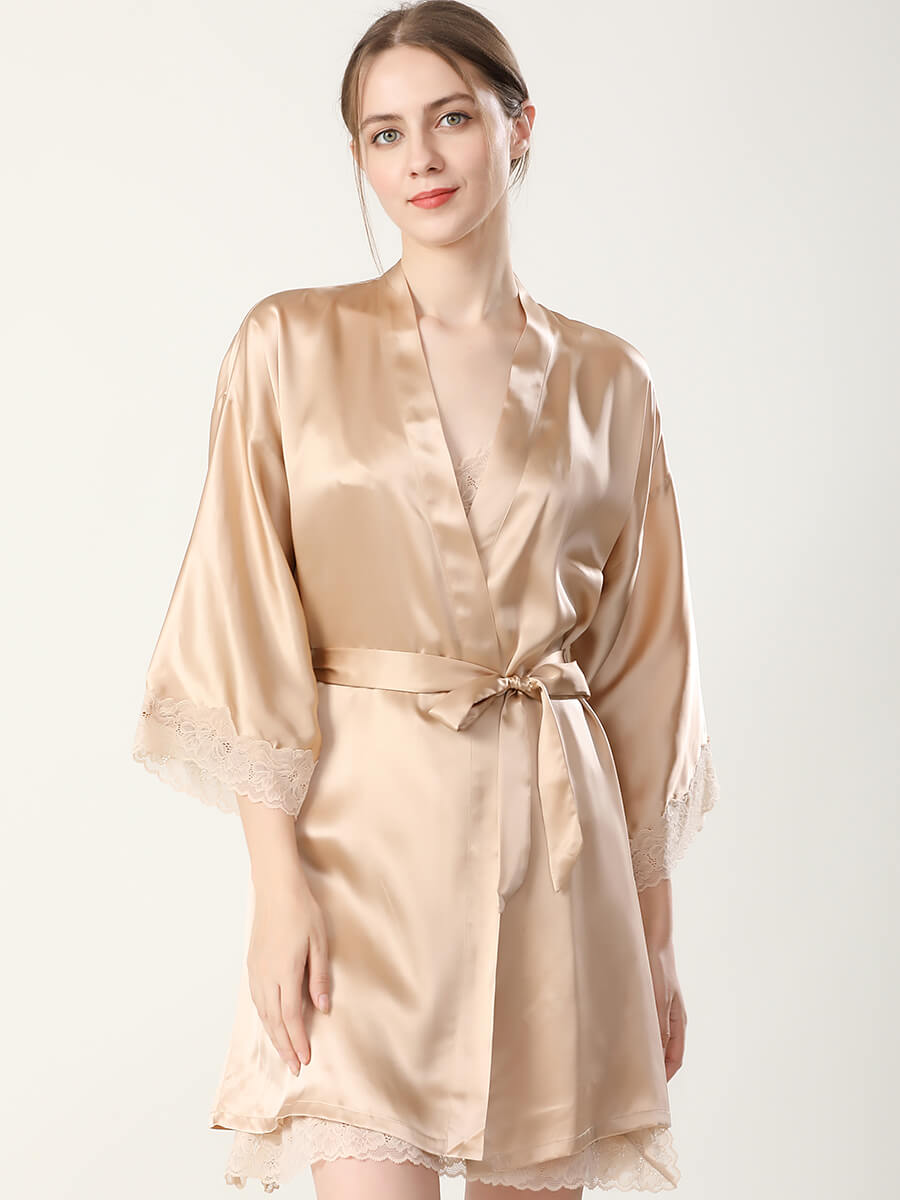 22 Momme Elegant Short Silk Chemise and Robe Set with Lace Trim