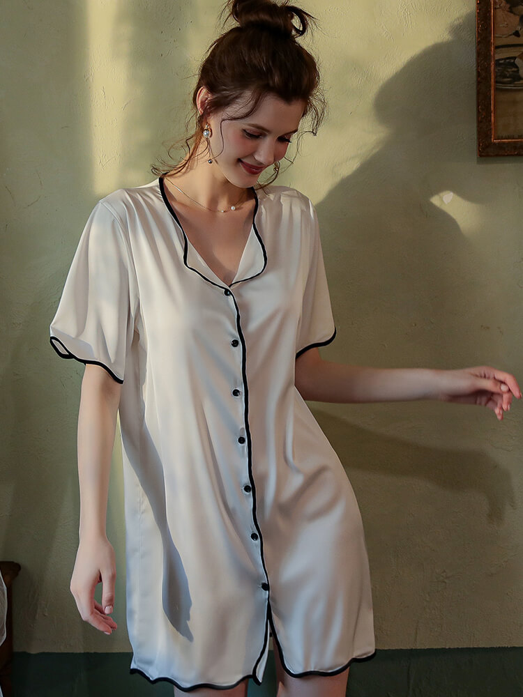 22 Momme Stylish Wavy Hem Piped Button Up Silk Nightshirt