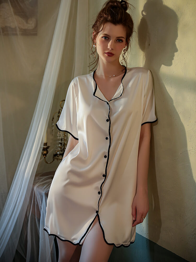 22 Momme Stylish Wavy Hem Piped Button Up Silk Nightshirt