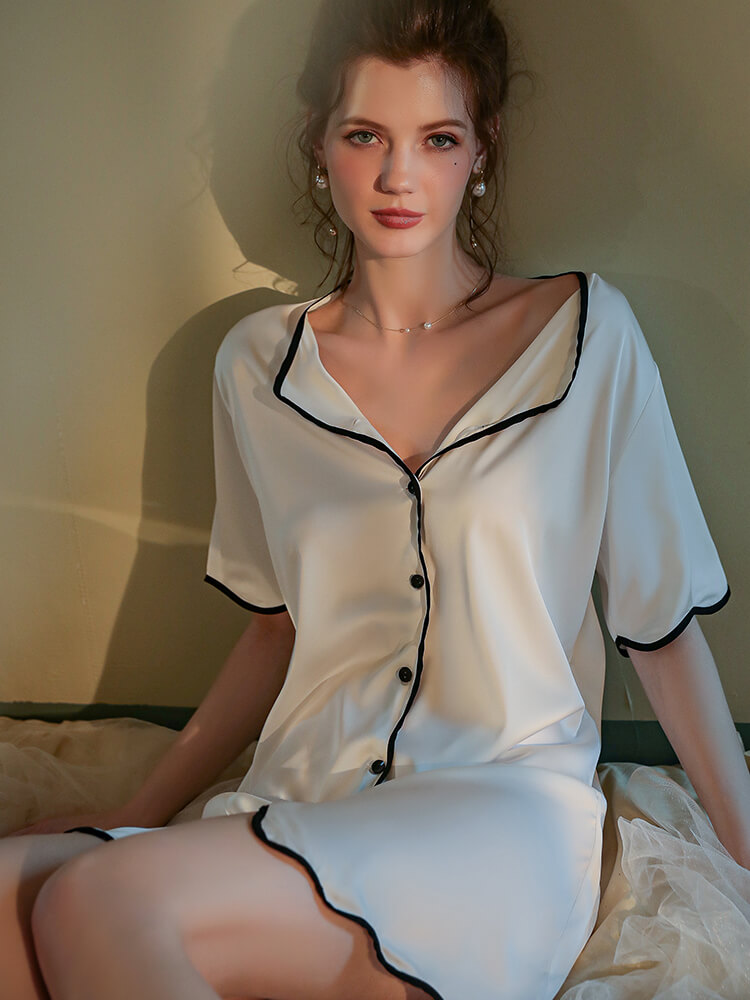 22 Momme Stylish Wavy Hem Piped Button Up Silk Nightshirt