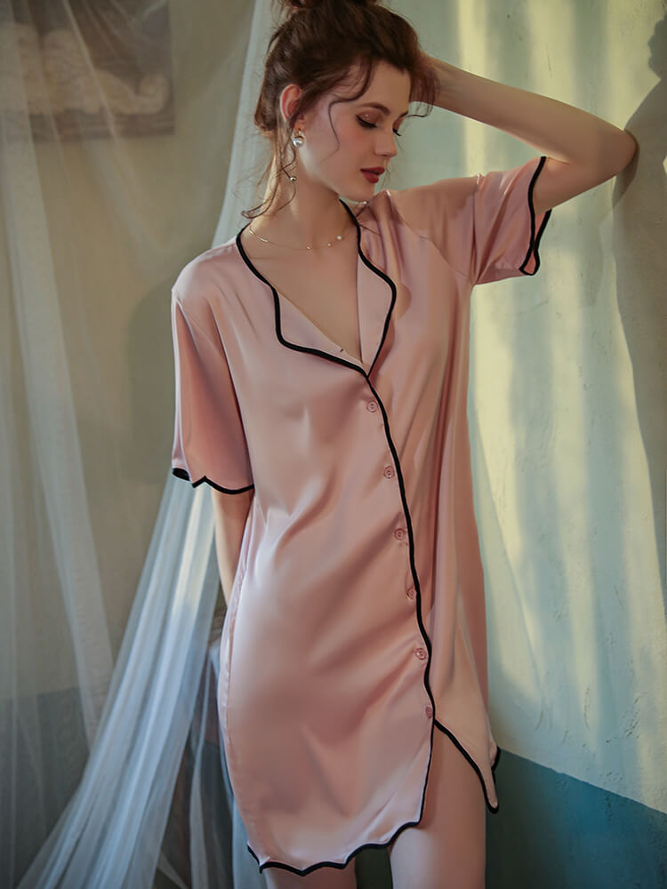 22 Momme Stylish Wavy Hem Piped Button Up Silk Nightshirt
