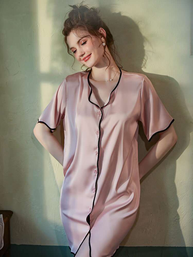 22 Momme Stylish Wavy Hem Piped Button Up Silk Nightshirt