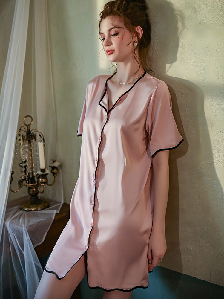 22 Momme Stylish Wavy Hem Piped Button Up Silk Nightshirt