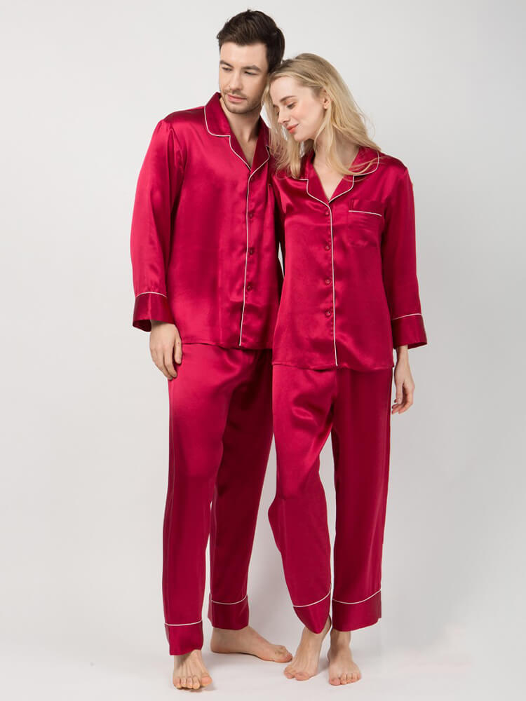 Classic Long Trimmed Matching Silk Pajama Sets for Couples
