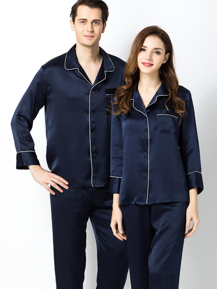 Classic Long Trimmed Matching Silk Pajama Sets for Couples