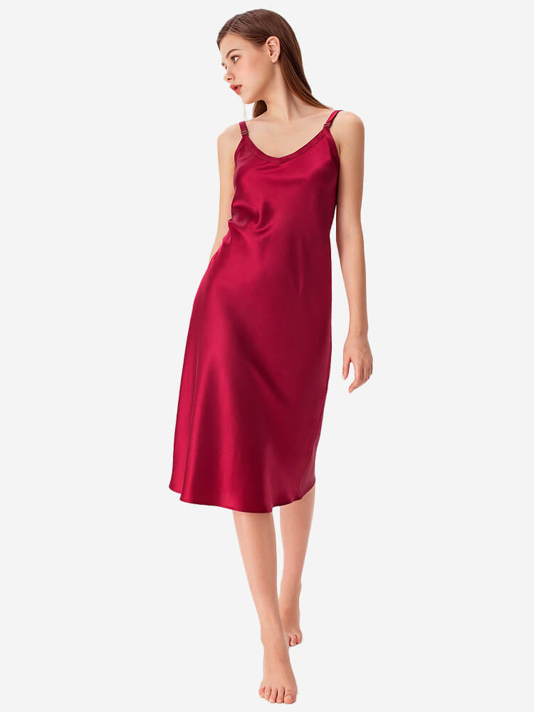 22 Momme V-Neck Midi Length Silk Slip Nightgown with Wide Straps