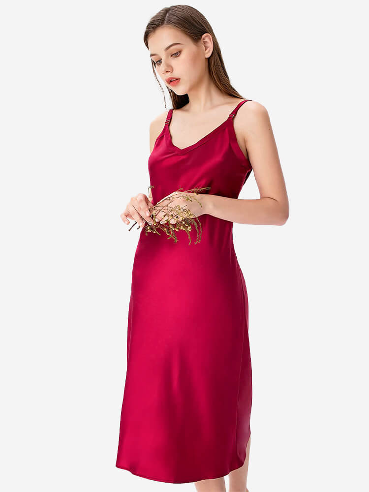 22 Momme V-Neck Midi Length Silk Slip Nightgown with Wide Straps