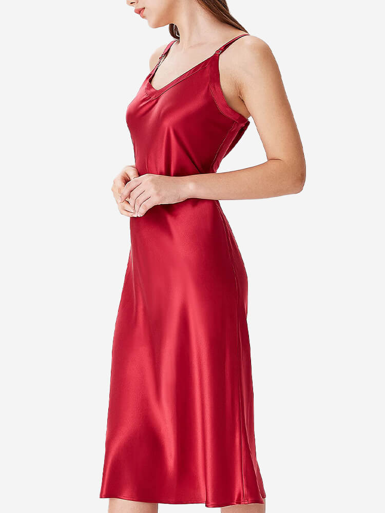 22 Momme V-Neck Midi Length Silk Slip Nightgown with Wide Straps