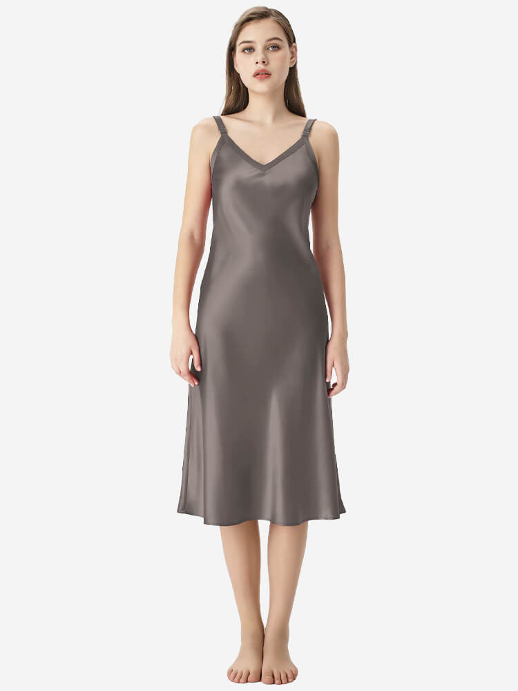22 Momme V-Neck Midi Length Silk Slip Nightgown with Wide Straps