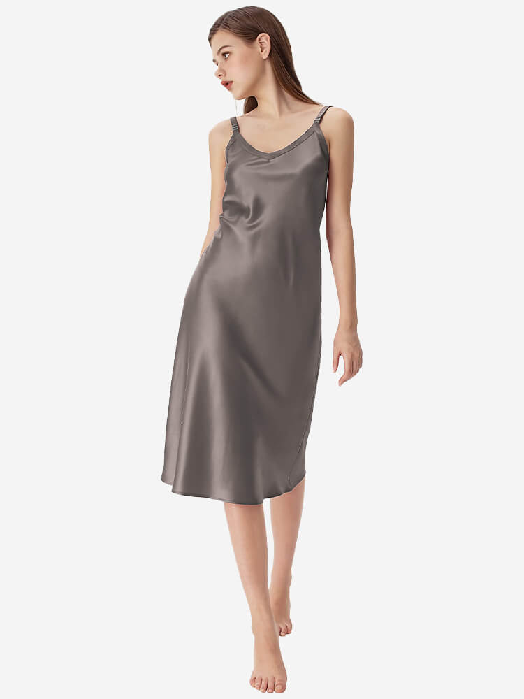 22 Momme V-Neck Midi Length Silk Slip Nightgown with Wide Straps