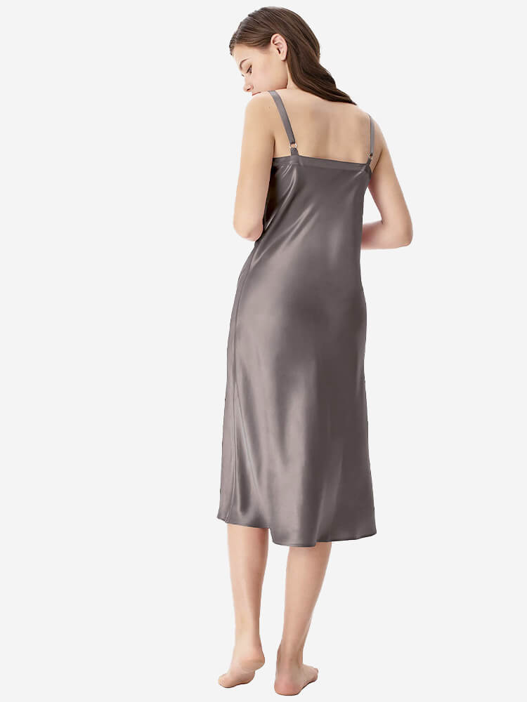 22 Momme V-Neck Midi Length Silk Slip Nightgown with Wide Straps