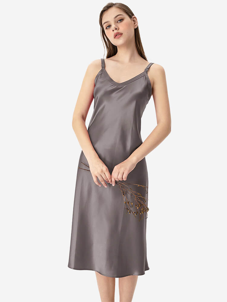 22 Momme V-Neck Midi Length Silk Slip Nightgown with Wide Straps