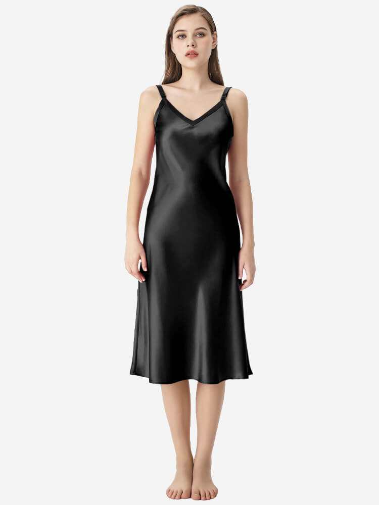 22 Momme V-Neck Midi Length Silk Slip Nightgown with Wide Straps