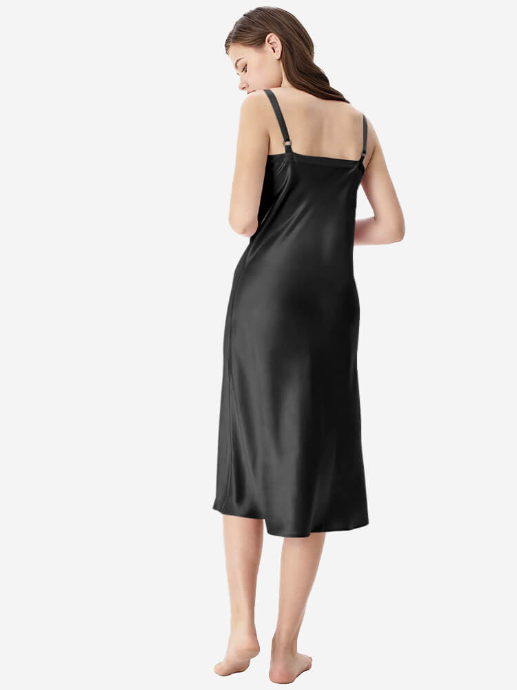 22 Momme V-Neck Midi Length Silk Slip Nightgown with Wide Straps