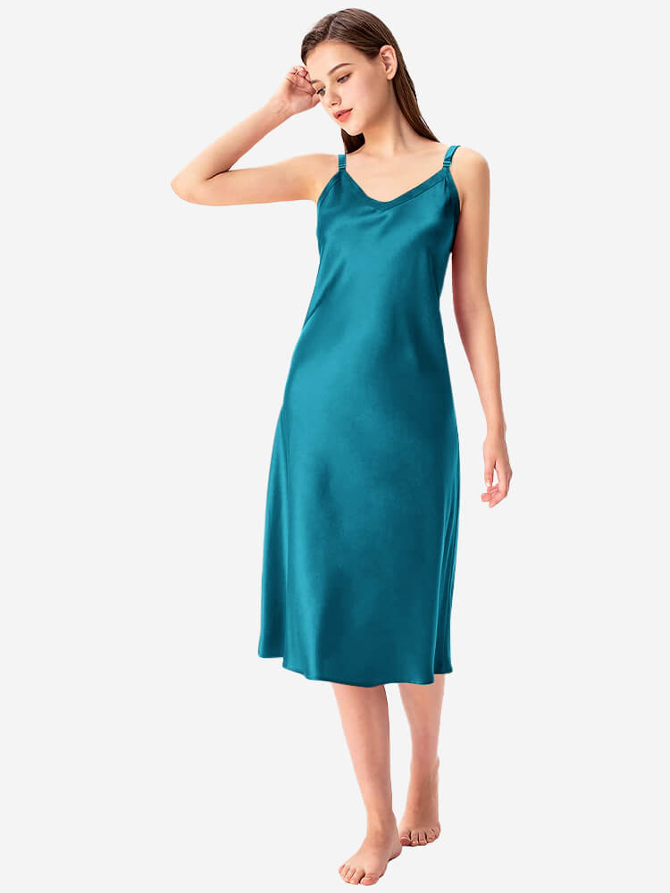 22 Momme V-Neck Midi Length Silk Slip Nightgown with Wide Straps