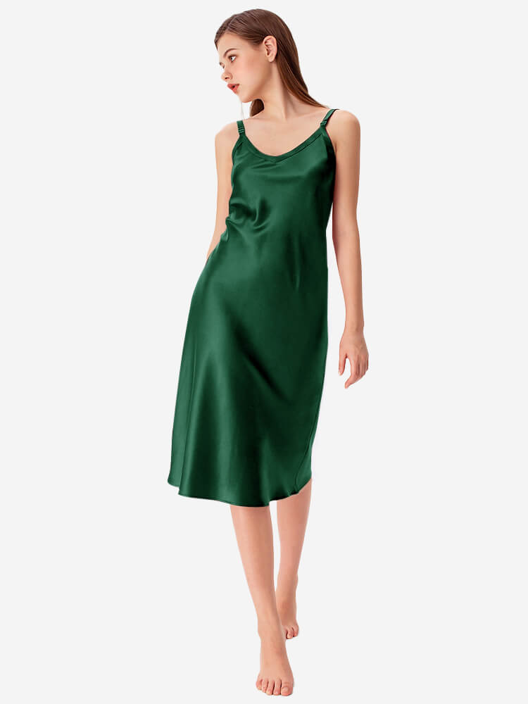 22 Momme V-Neck Midi Length Silk Slip Nightgown with Wide Straps