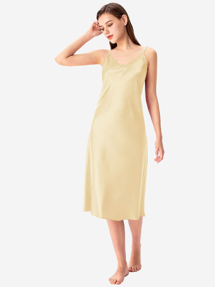 22 Momme V-Neck Midi Length Silk Slip Nightgown with Wide Straps