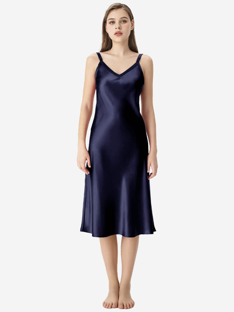 22 Momme V-Neck Midi Length Silk Slip Nightgown with Wide Straps