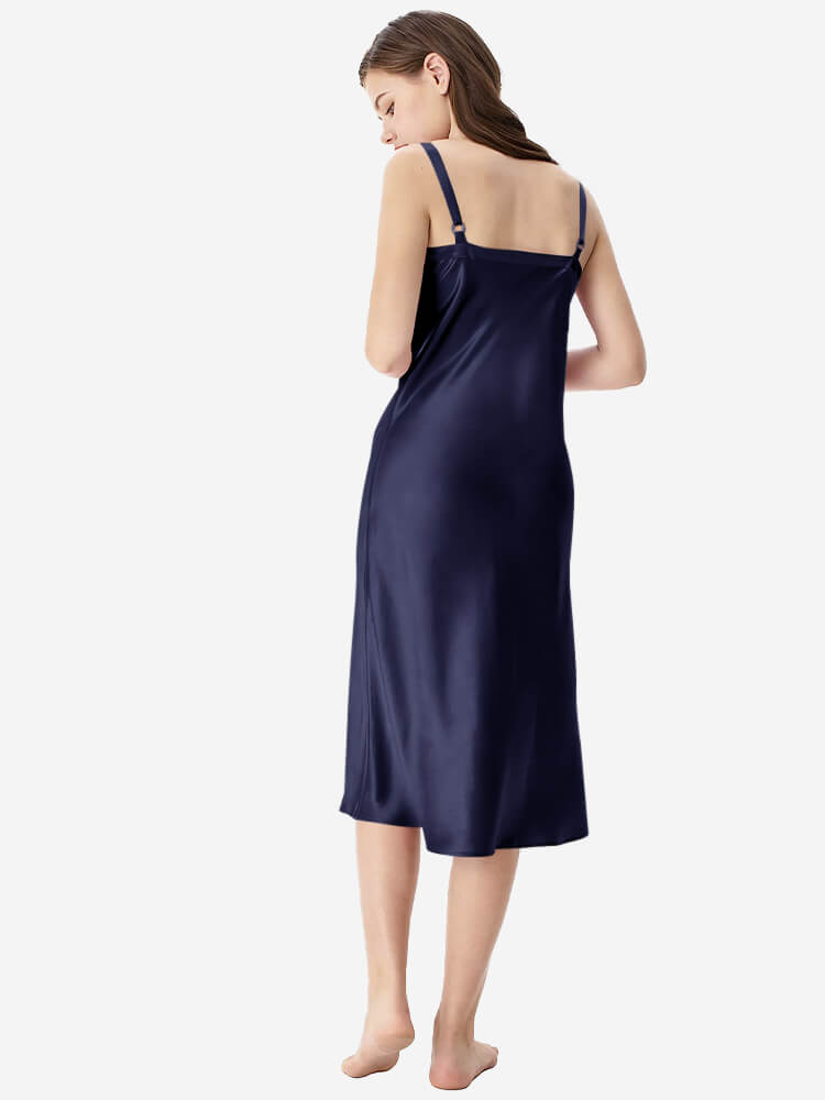 22 Momme V-Neck Midi Length Silk Slip Nightgown with Wide Straps