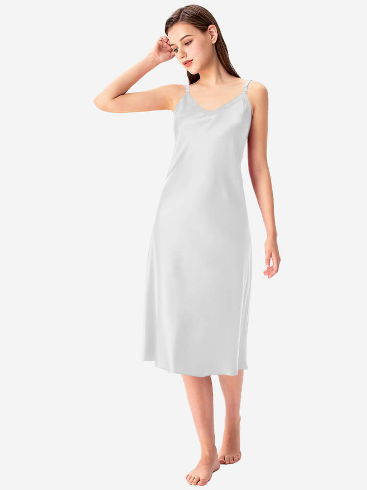 22 Momme V-Neck Midi Length Silk Slip Nightgown with Wide Straps