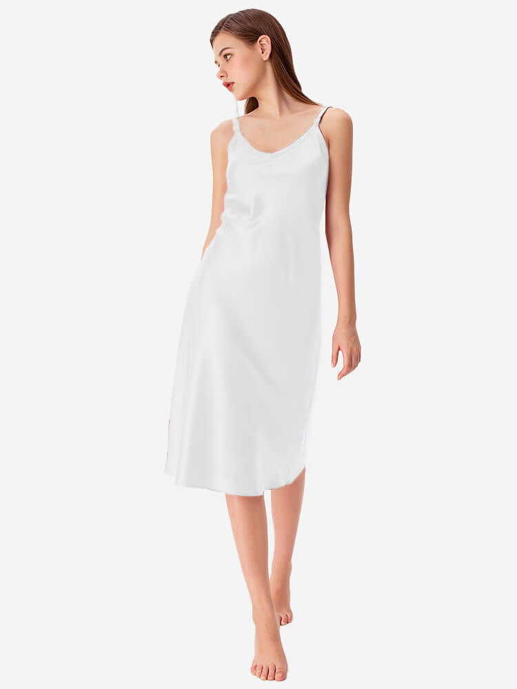 22 Momme V-Neck Midi Length Silk Slip Nightgown with Wide Straps