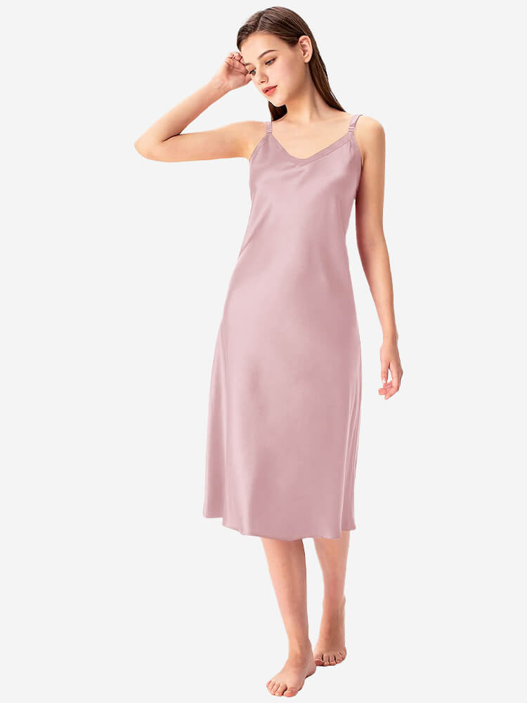22 Momme V-Neck Midi Length Silk Slip Nightgown with Wide Straps