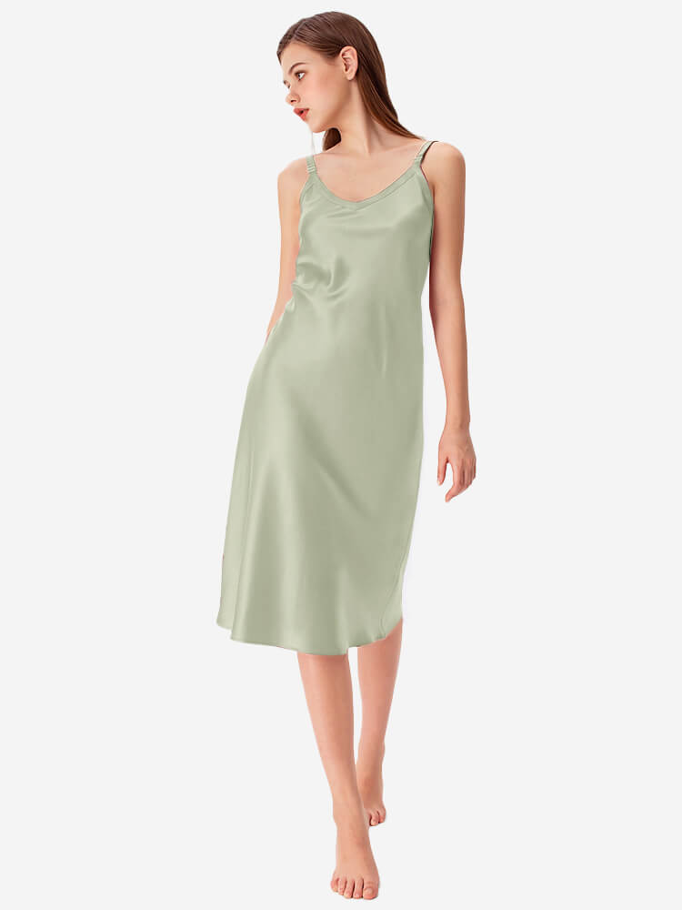 22 Momme V-Neck Midi Length Silk Slip Nightgown with Wide Straps