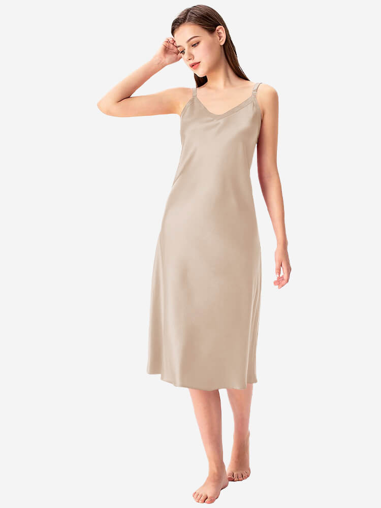 22 Momme V-Neck Midi Length Silk Slip Nightgown with Wide Straps
