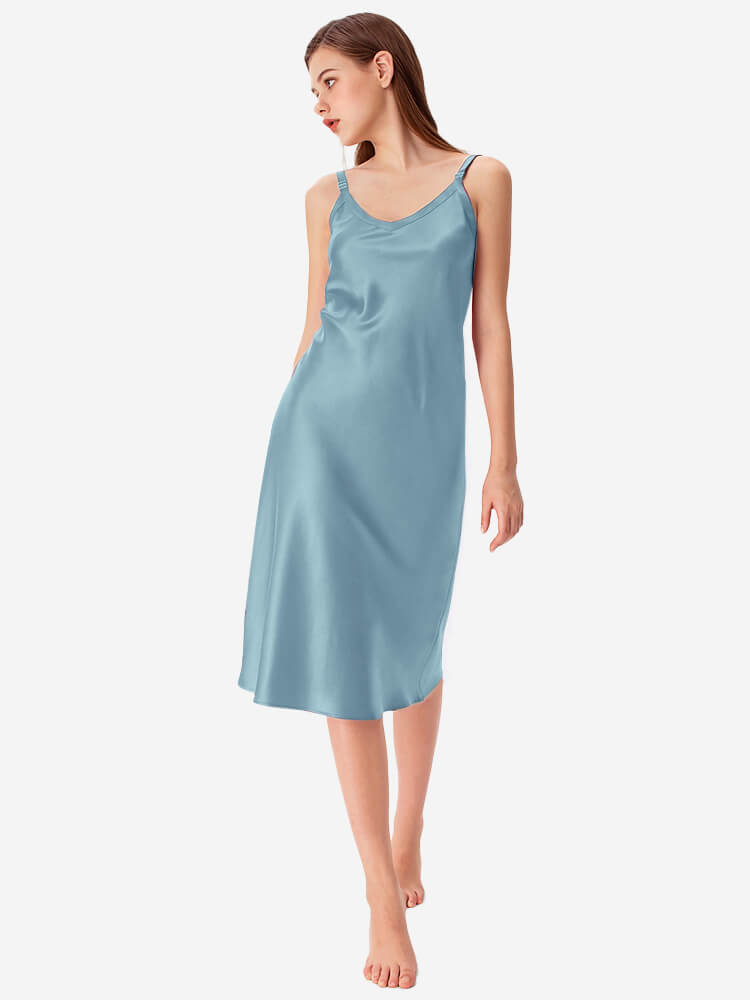 22 Momme V-Neck Midi Length Silk Slip Nightgown with Wide Straps