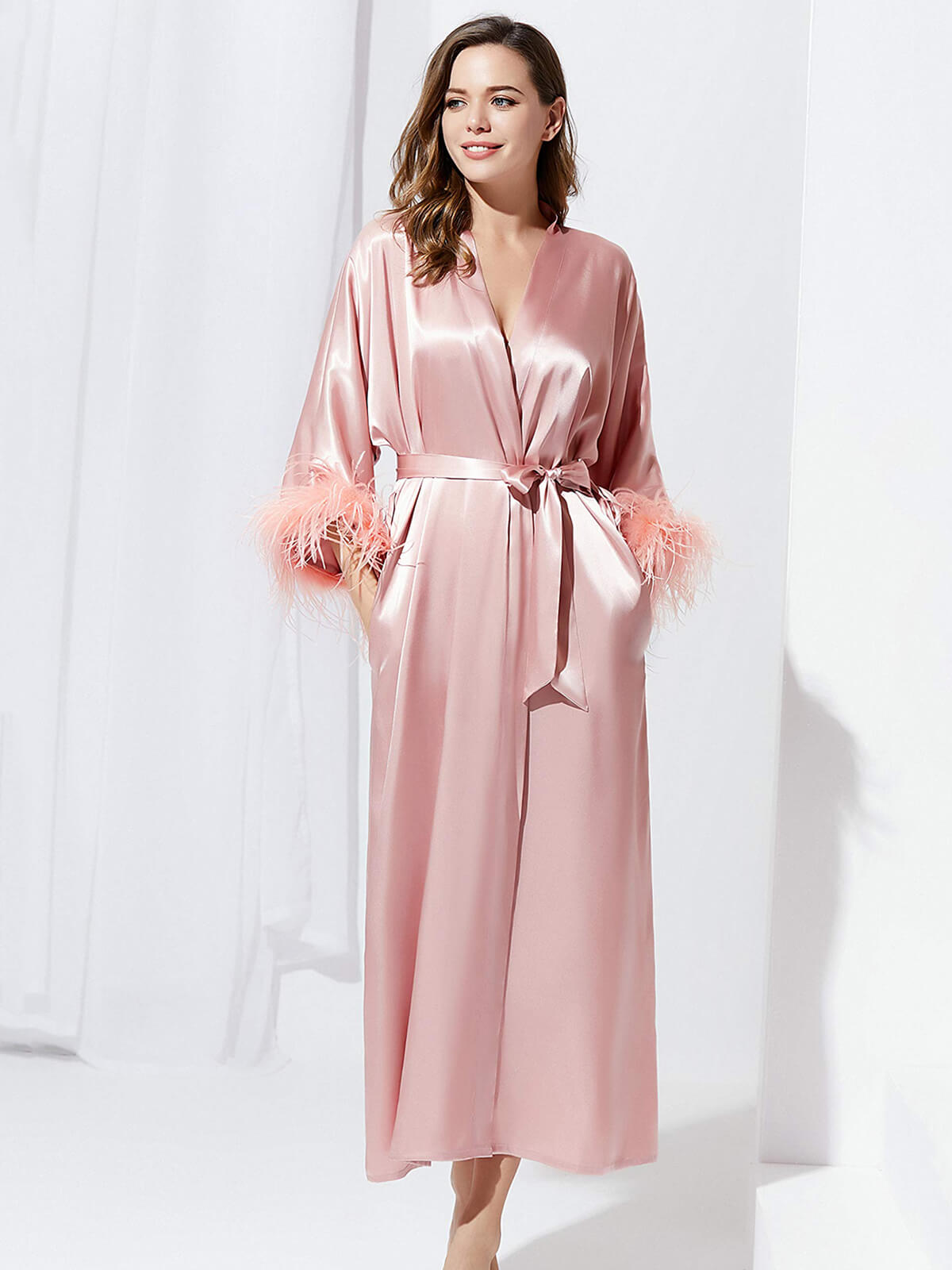 19 Momme Solid Color Long Silk Kimono Robe for Women