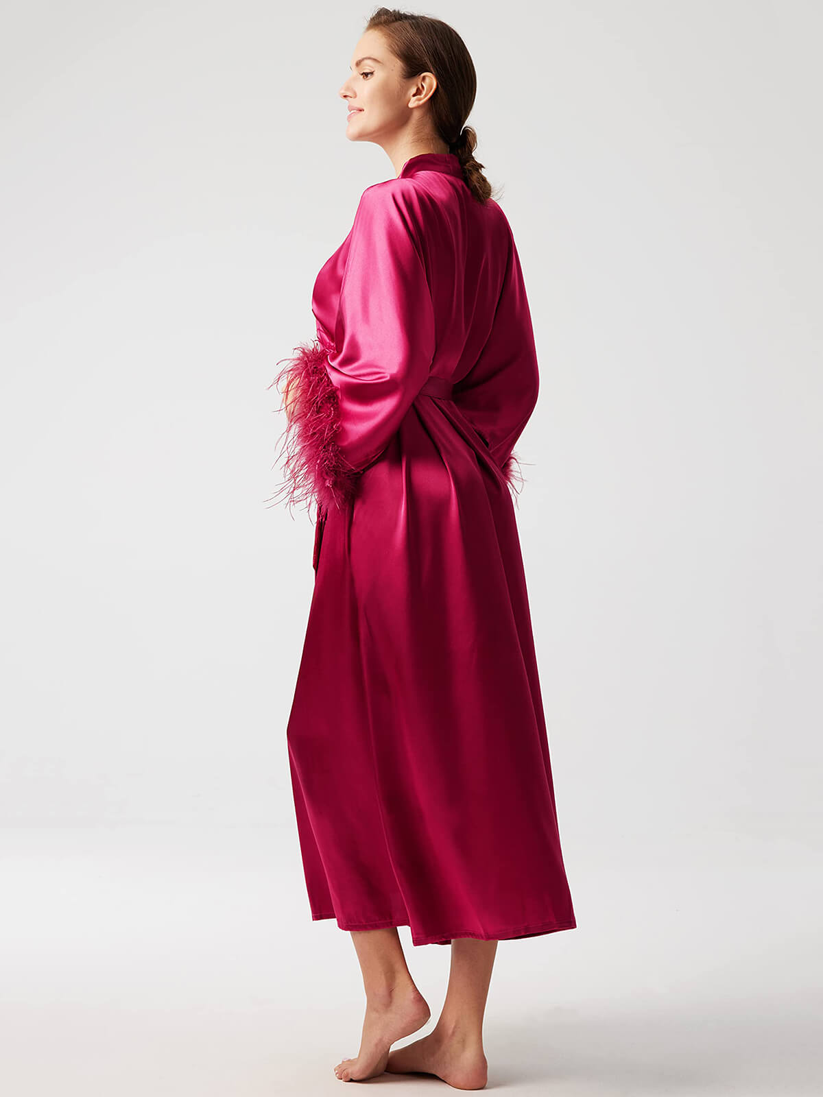 Women Luxury Solid Long 100% Silk Kimono Robe With Fur Trim