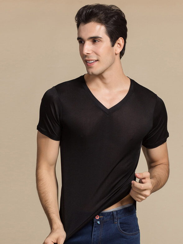 Men's 30% Silk Blend Stretchy Comfy Silk Knitted V-neck T-shirt - Click Image to Close