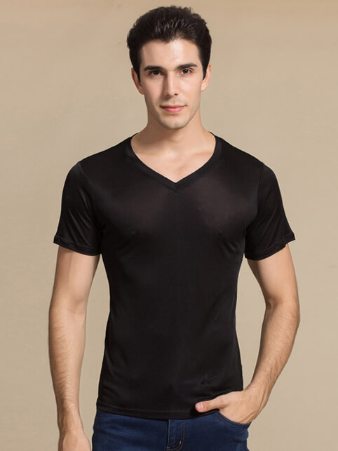 Men's 30% Silk Blend Stretchy Comfy Silk Knitted V-neck T-shirt