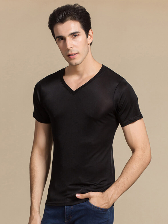 Men's 30% Silk Blend Stretchy Comfy Silk Knitted V-neck T-shirt