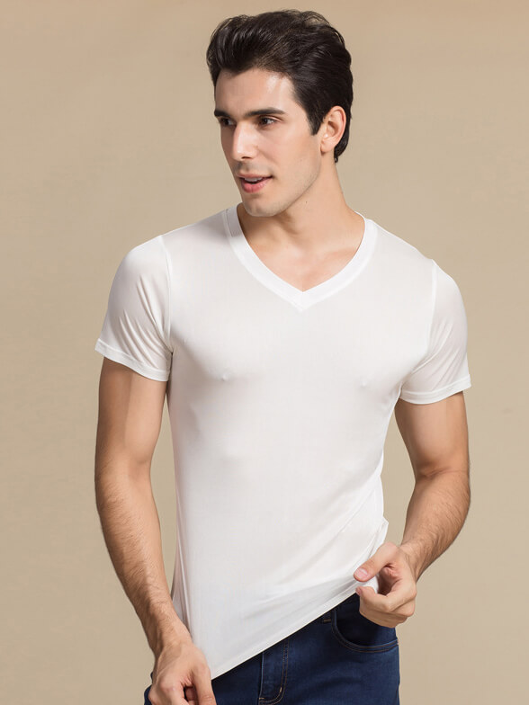 Men's 30% Silk Blend Stretchy Comfy Silk Knitted V-neck T-shirt