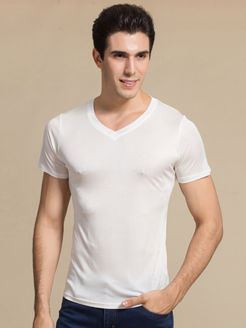 Men's 30% Silk Blend Stretchy Comfy Silk Knitted V-neck T-shirt