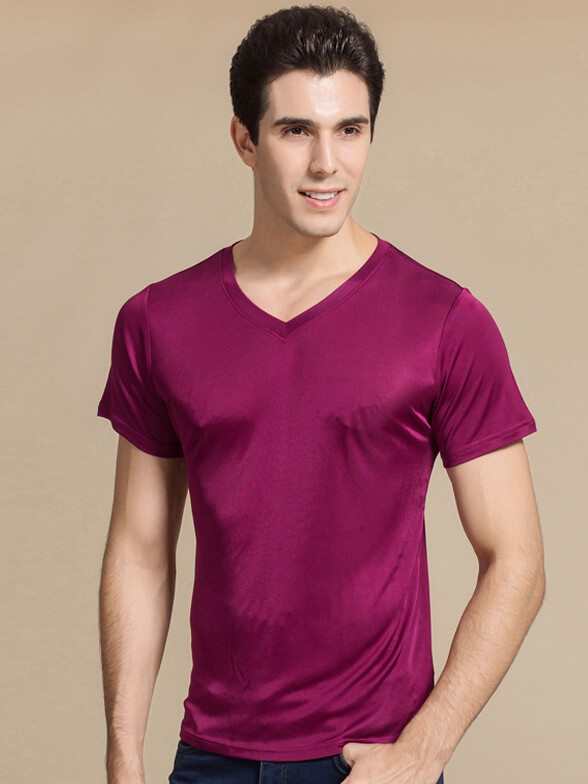 Men's 30% Silk Blend Stretchy Comfy Silk Knitted V-neck T-shirt