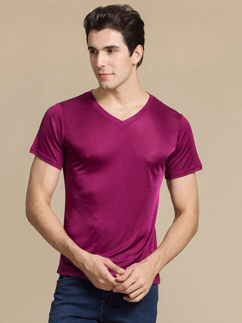 Men's 30% Silk Blend Stretchy Comfy Silk Knitted V-neck T-shirt