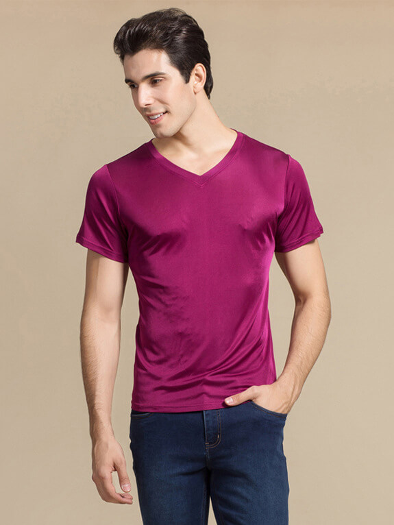 Men's 30% Silk Blend Stretchy Comfy Silk Knitted V-neck T-shirt