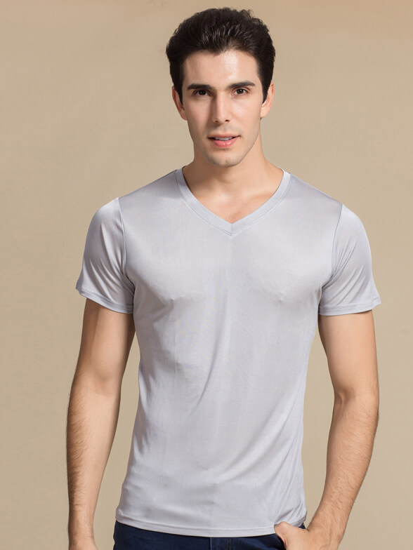 Men's 30% Silk Blend Stretchy Comfy Silk Knitted V-neck T-shirt