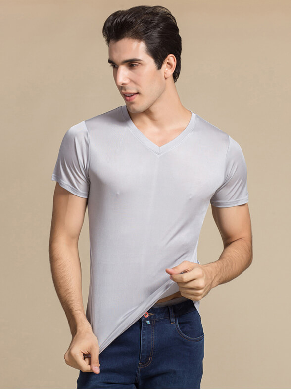 Men's 30% Silk Blend Stretchy Comfy Silk Knitted V-neck T-shirt