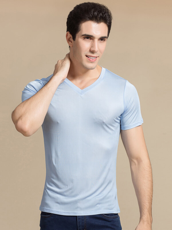 Mens Stretchy Comfy Silk Knitted V-neck T-shirts