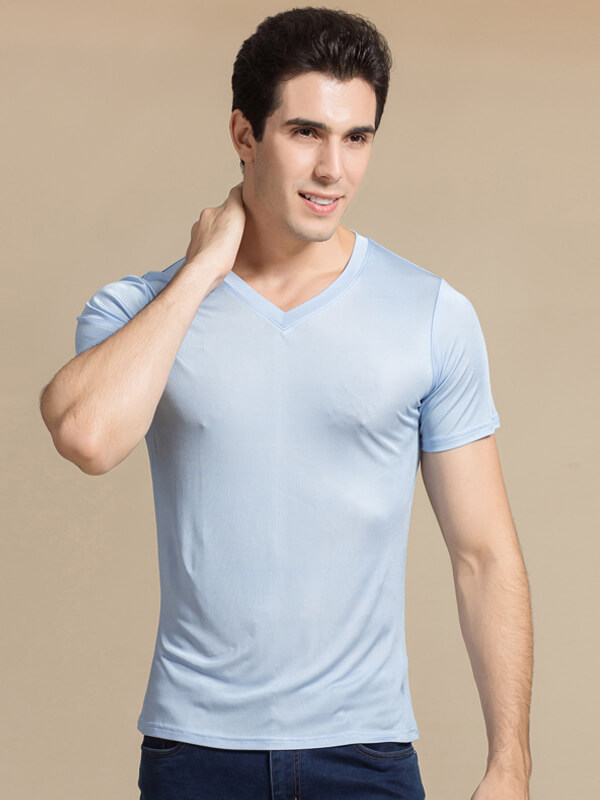 Men's 30% Silk Blend Stretchy Comfy Silk Knitted V-neck T-shirt