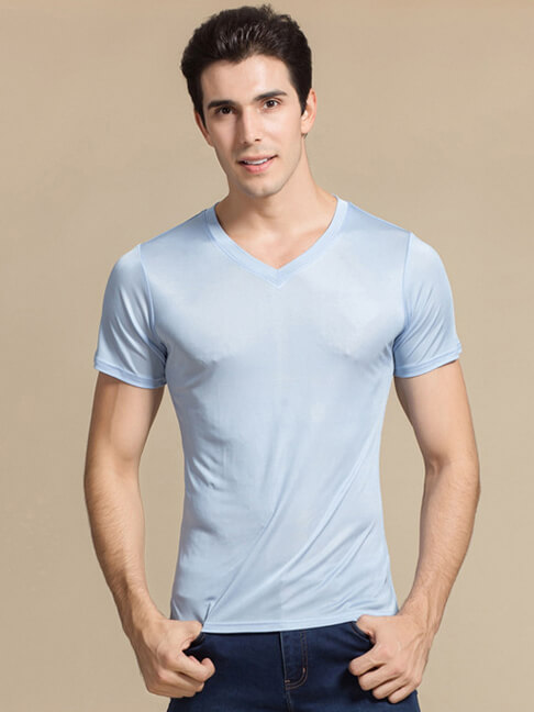 Men's 30% Silk Blend Stretchy Comfy Silk Knitted V-neck T-shirt