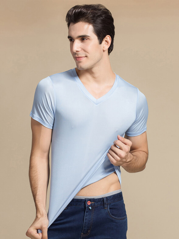 Men's 30% Silk Blend Stretchy Comfy Silk Knitted V-neck T-shirt