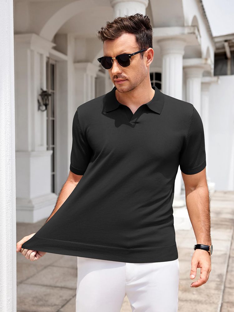 Men's V Neck Short Sleeve Stretch Silk Knit Polo Shirt Men's V Neck Short Sleeve Stretch Silk Knit Polo Shirt