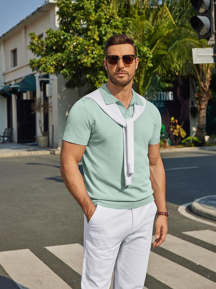 Men's V Neck Short Sleeve Stretch Silk Knit Polo Shirt Men's V Neck Short Sleeve Stretch Silk Knit Polo Shirt