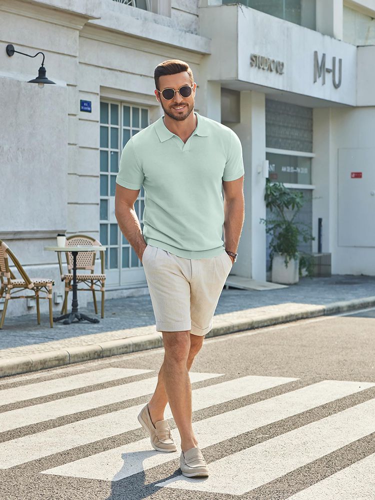 Men's V Neck Short Sleeve Stretch Silk Knit Polo Shirt Men's V Neck Short Sleeve Stretch Silk Knit Polo Shirt