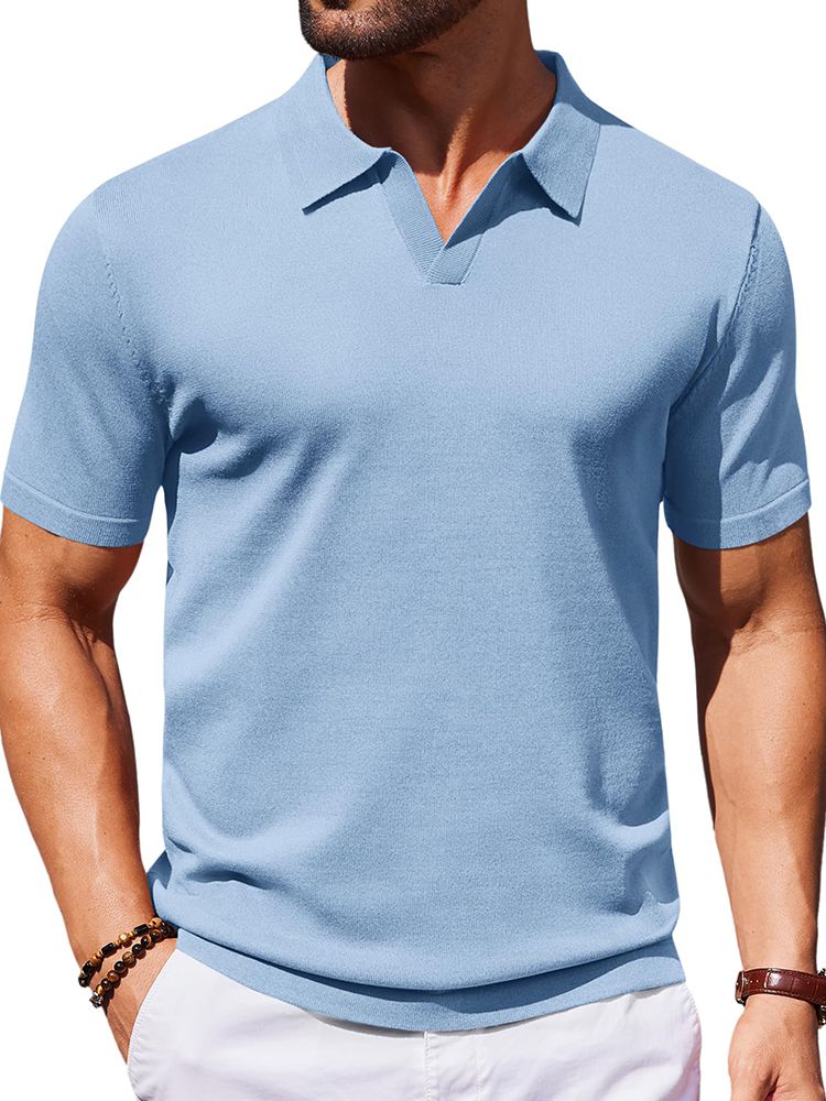 Men's V Neck Short Sleeve Stretch Silk Knit Polo Shirt Men's V Neck Short Sleeve Stretch Silk Knit Polo Shirt