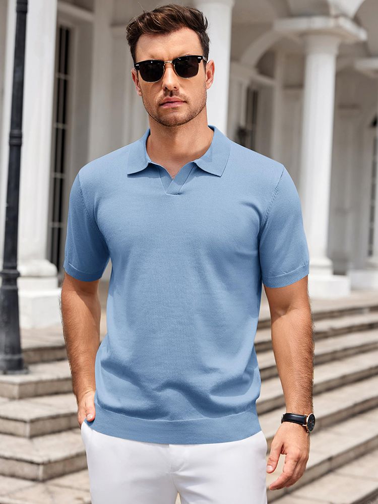Men's V Neck Short Sleeve Stretch Silk Knit Polo Shirt Men's V Neck Short Sleeve Stretch Silk Knit Polo Shirt